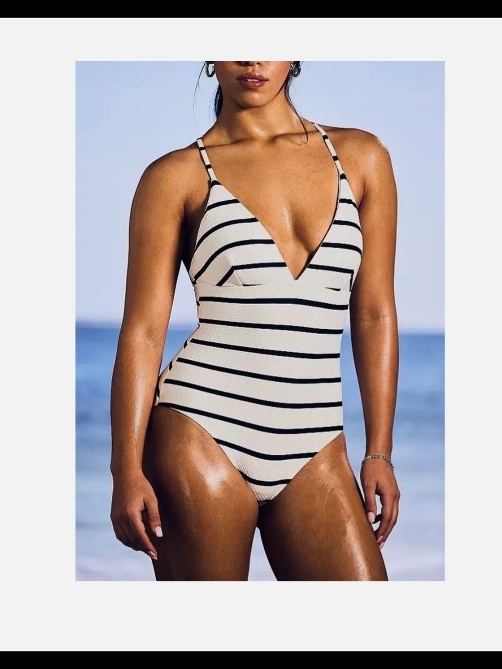 NWT Calia Women’s Swimsuit Triangle Strappy Back White/Blue Stripe Size 12